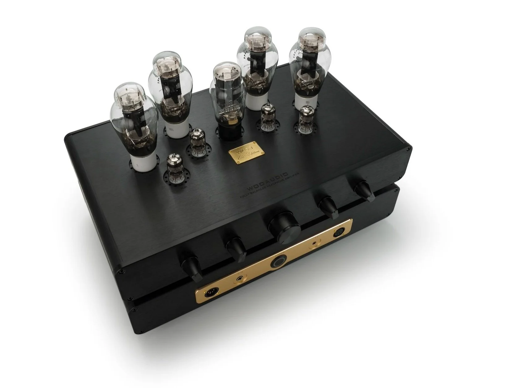 Headphone Amplifier, Black color, Top View, Angle View, vacuum tubes, dual chassis, all aluminum, high-end, true-ribbon headphones, dynamic headphones