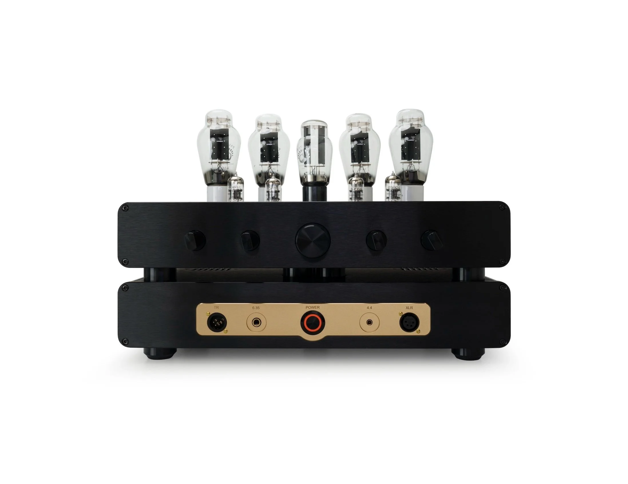Woo Audio, WA33 (2nd gen) amplifier, Fully-balanced, Headphone Amplifier, Black color, Front View, vacuum tubes, two tier design, all vacuum tubes