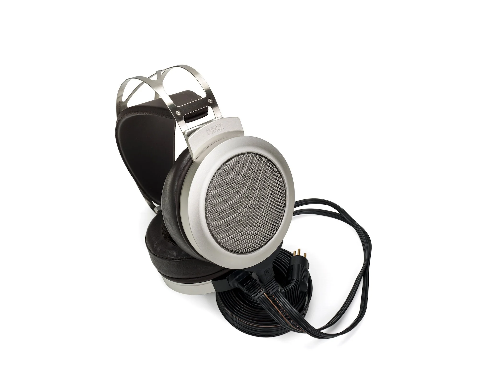STAX SR-007S, right angle, wired, silver color, round ear cups