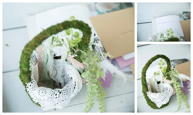 Moss covered flower girl baskets perfectly matched the theme of the wedding.