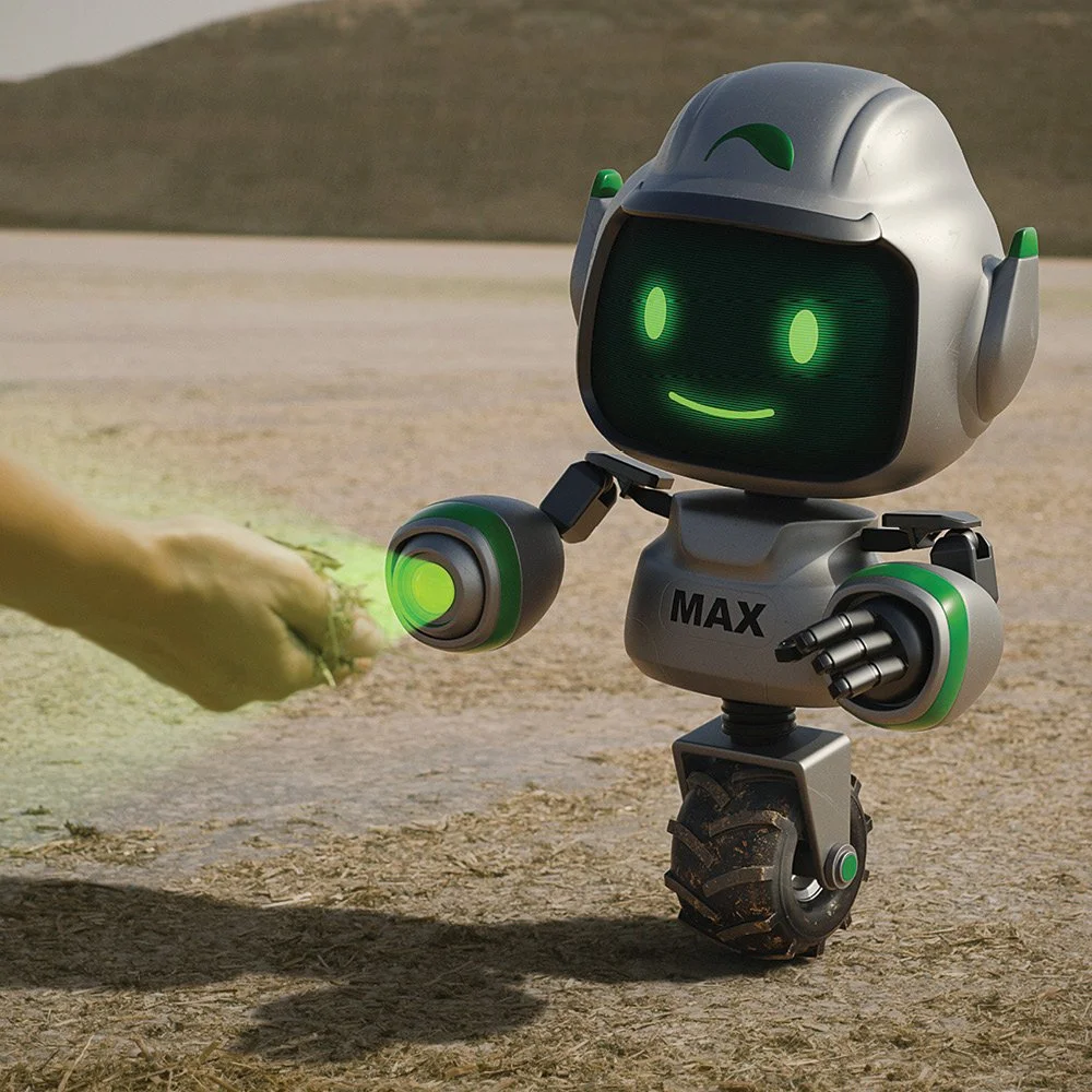 A small robot named MAX with a single wheel and a digital face, extending its robotic hand to shake a person's hand in a desert-like outdoor setting.