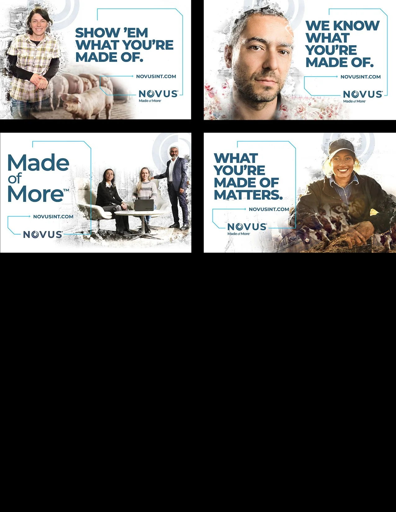 Four promotional images for Novus, a company emphasizing the importance of what people are made of. The images feature diverse individuals and groups, including a person with a pig, a man with flowers, two women and a man in a professional setting, and a woman in outdoor work gear, with motivational slogans like "Show 'em what you're made of," "We know what you're made of," "Made of More," and "What you're made of matters," along with the Novus website and logo.