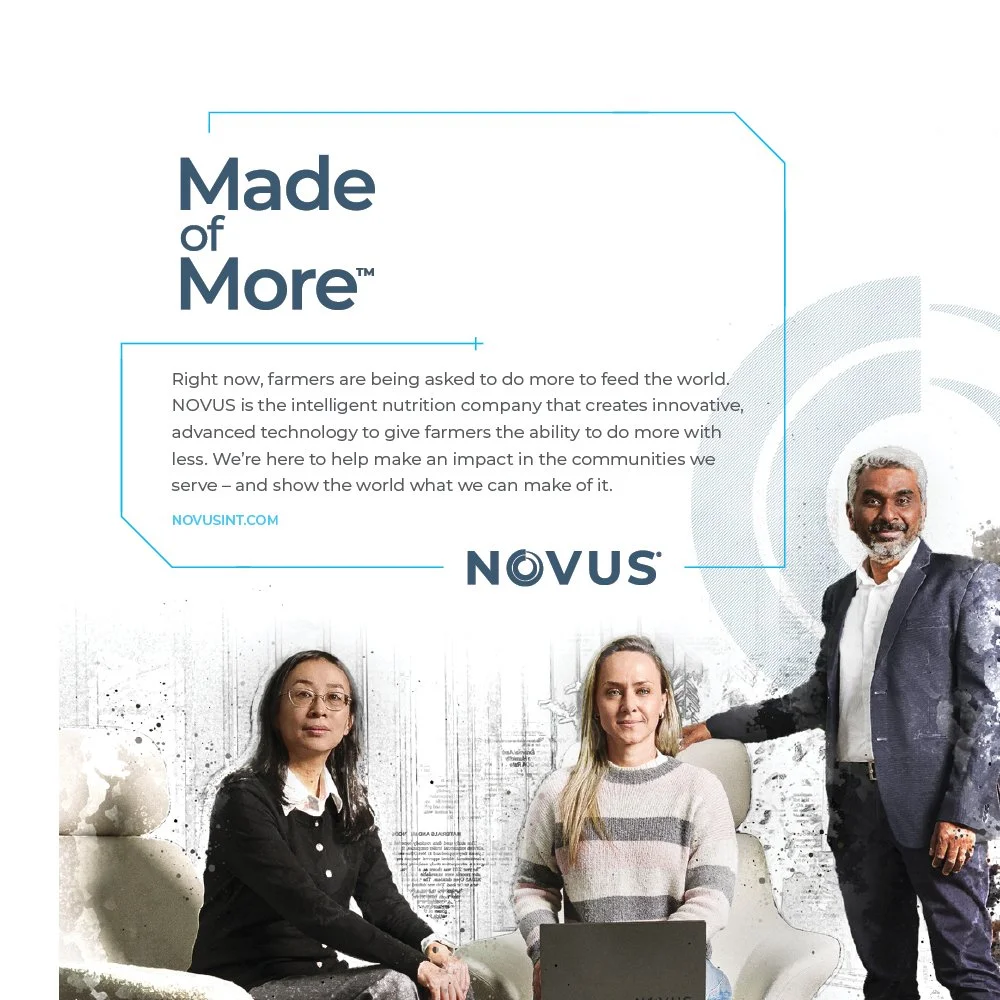 Promotional poster for Novus, featuring three diverse people, two women seated and one man standing, with a text block describing Novus' mission to help farmers with innovative technology.