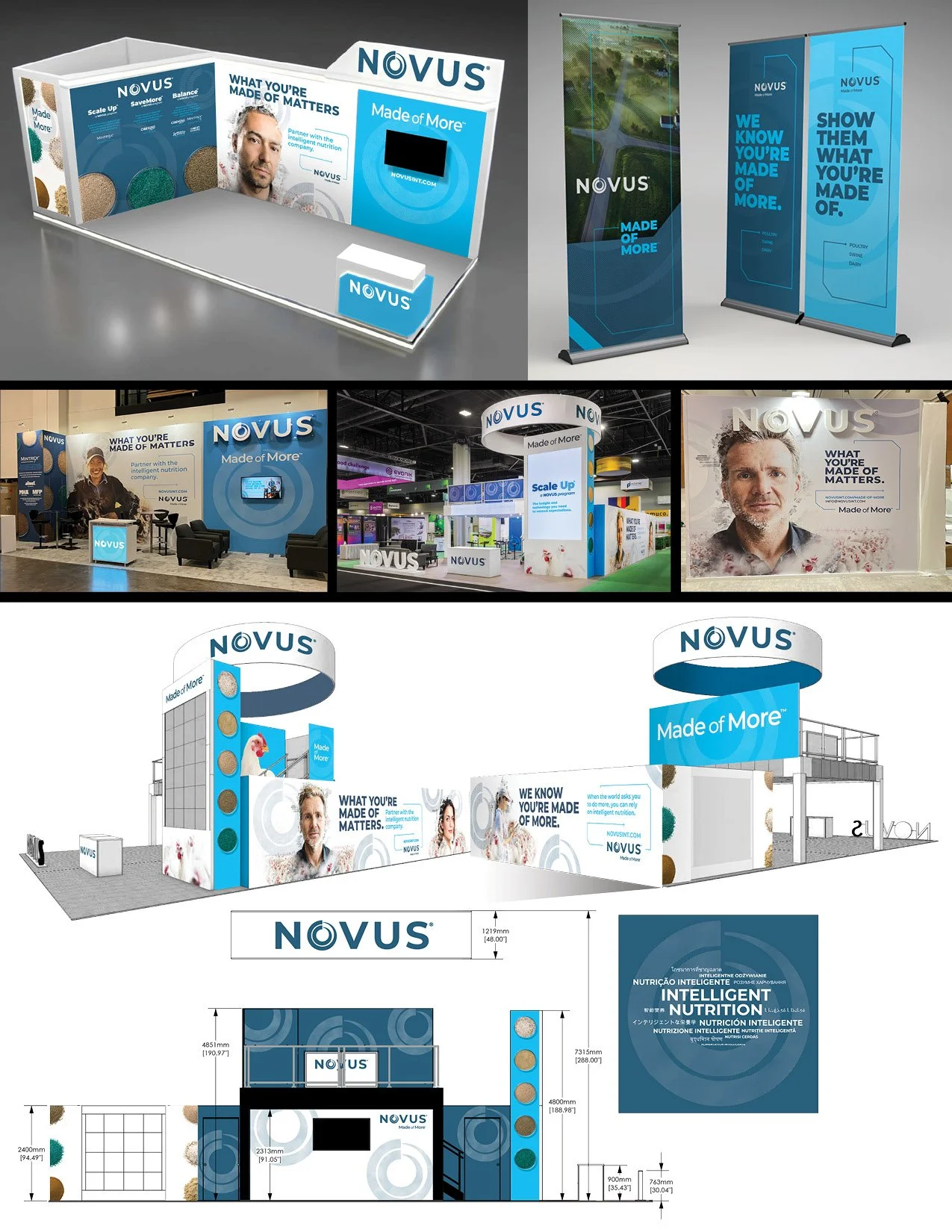 Collection of various trade show booths and banners for NOVUS, a nutrition company, featuring branding, slogans like "Made of More," and images of people and products.
