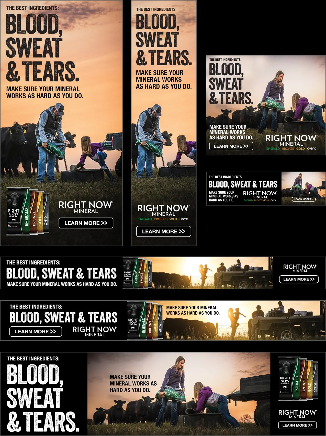 A series of advertisements for Right Now Mineral supplements, featuring images of farmers working on a farm with cattle at sunset. The ads emphasize ingredients like blood, sweat, and tears, and highlight product options: emerald, bronze, gold, and onyx. The main advertisement shows a man and a young girl with cattle, with one girl pouring or holding a bag of the supplement.