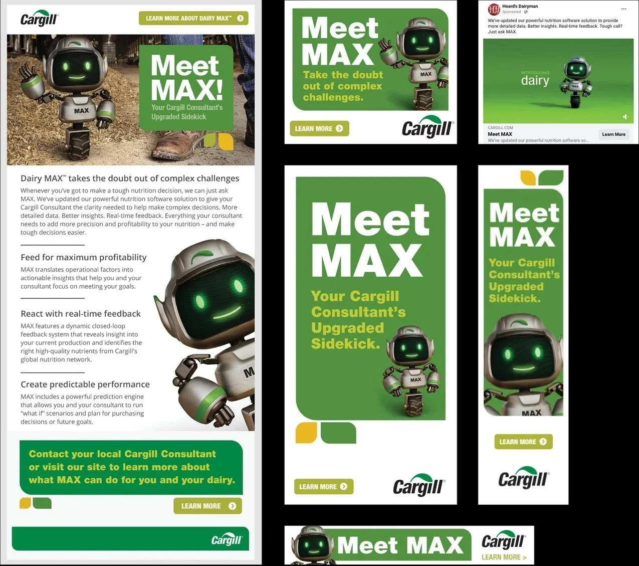 Collection of Cargill Dairy MAX promotional ads featuring a small robot mascot named MAX, with green and white color themes, promoting dairy nutrition software for dairy consultants. The ads highlight MAX's features like providing clarity, maximizing profit, real-time feedback, and customizable performance tools.