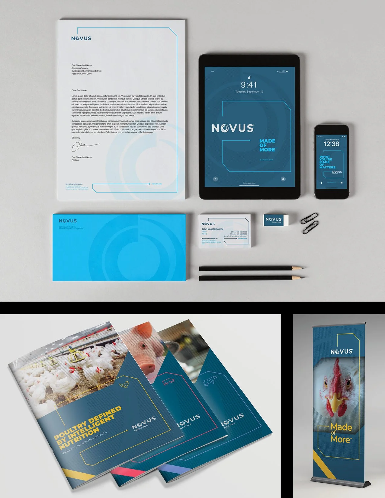Collection of corporate branding materials for NOVUS, including letterhead, business cards, brochures, a tablet and smartphone displaying NOVUS branding, a roll-up banner with a chicken image, and pens.