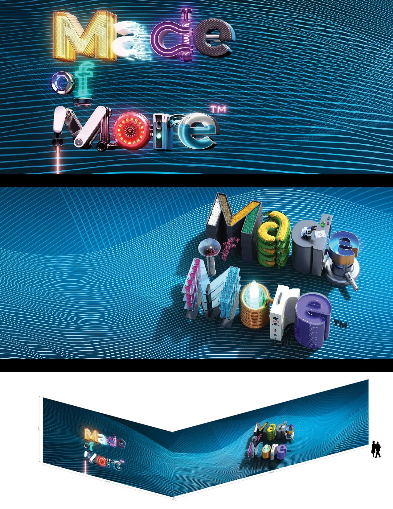 Three digital art images with colorful 3D text and graphics on blue waves background, including the words "Made" and "More" and the phrase "Made of More".
