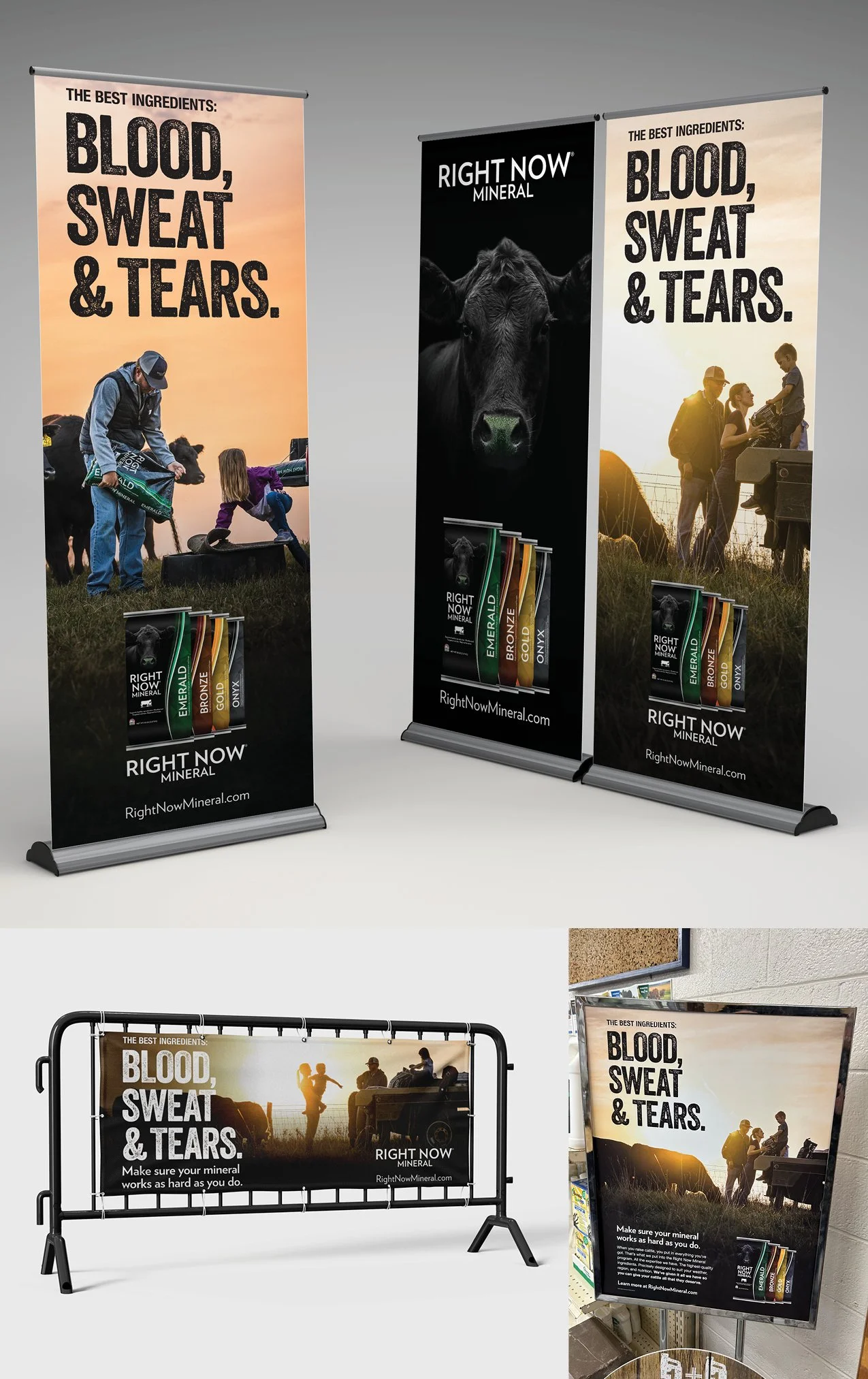 A collection of promotional banners and signs advertising Right Now Mineral supplements with images of farm scenes, livestock, and people, featuring slogans like "Blood, Sweat & Tears" and highlighting the mineral products.