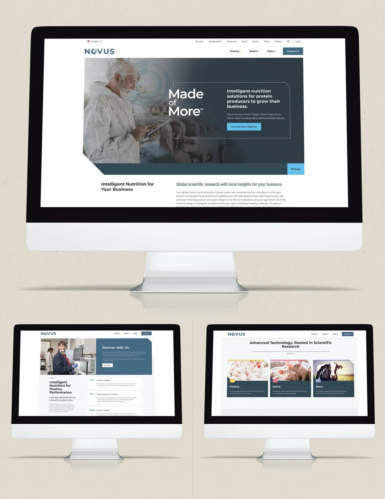 Three computer screens displaying the NOVUS company's website related to animal nutrition, poultry, swine, and dairy industries.