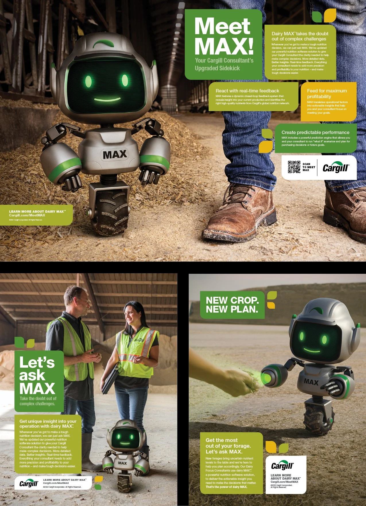 Three panels advertising Dairy MAX and Cargill, featuring a small robot named MAX in agricultural settings. The top panel shows MAX in a barn with a person in work boots nearby, emphasizing its upgraded sidekick and real-time feedback features. The bottom left panel has people in safety vests talking with MAX sitting on the ground, highlighting asking MAX for operational insights. The bottom right panel shows MAX in a field with a person feeding cattle, promoting forage and nutrition planning with MAX's smart capabilities.