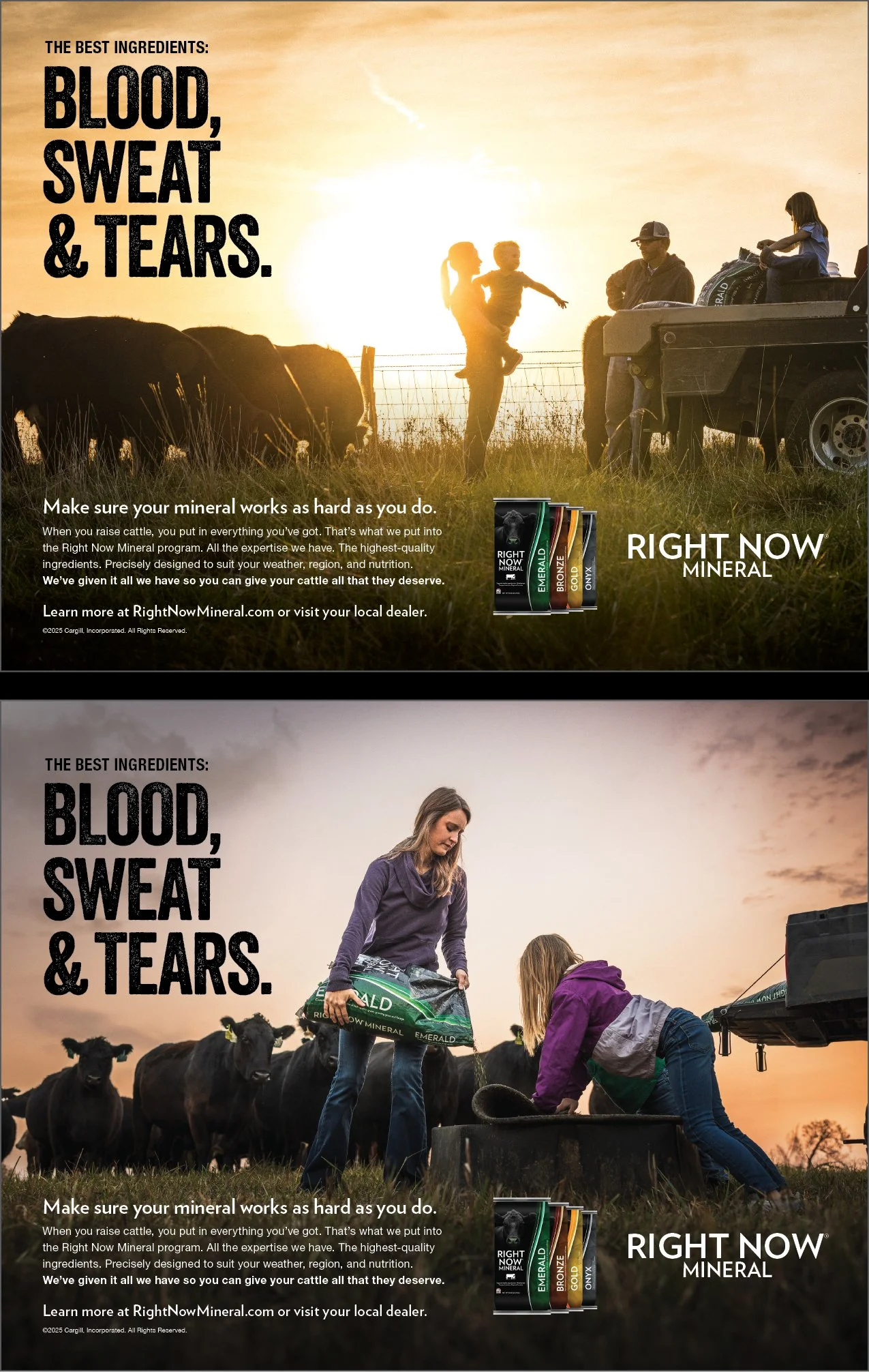 Two outdoor advertisements for Right Now Mineral fertilizer, each showing people working with cattle on farms at sunset. The first features a woman holding a child while standing next to a man, with cattle and a tractor in the background. The second shows two women, one pouring mineral feed into a trough and the other tending to cattle, with a sunset sky in the background.