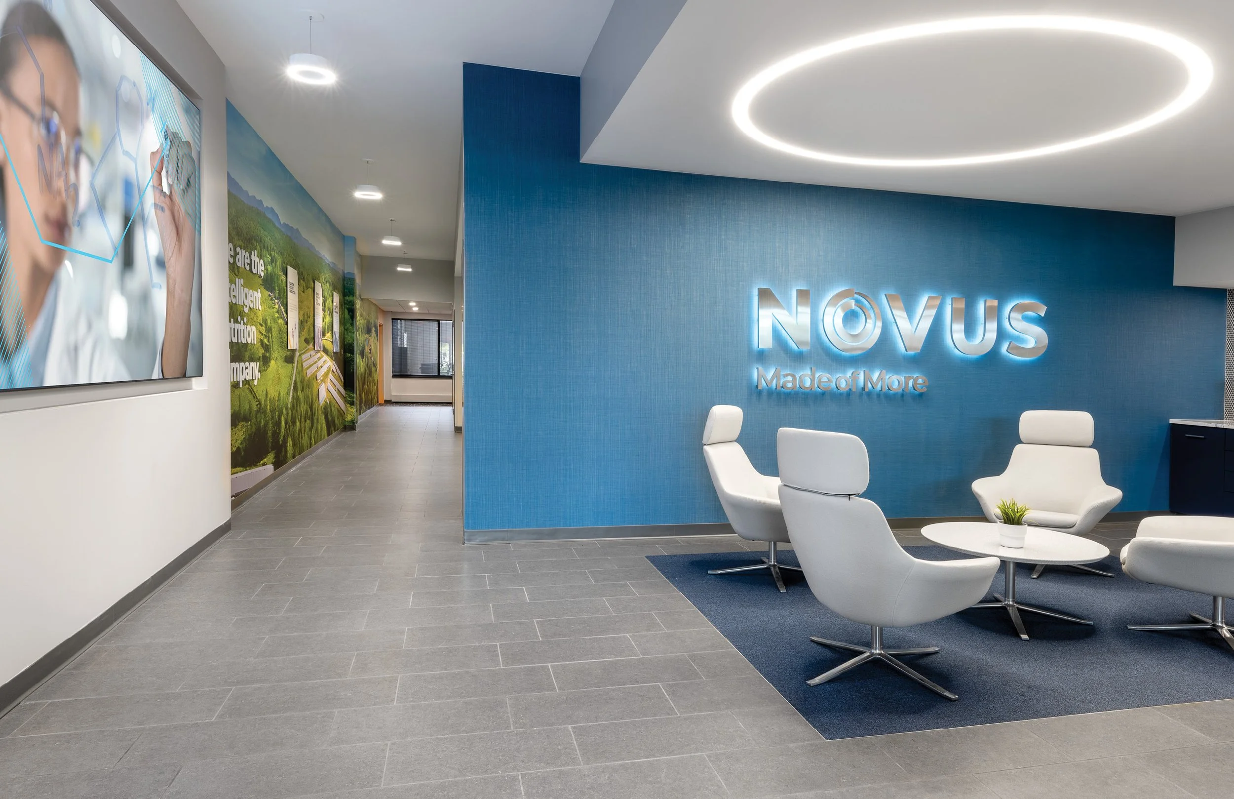 Modern corporate office lobby with white lounge chairs around a small round table, blue accent wall with illuminated 'NOVUS' sign, gray tiled flooring, and decorative wall art.