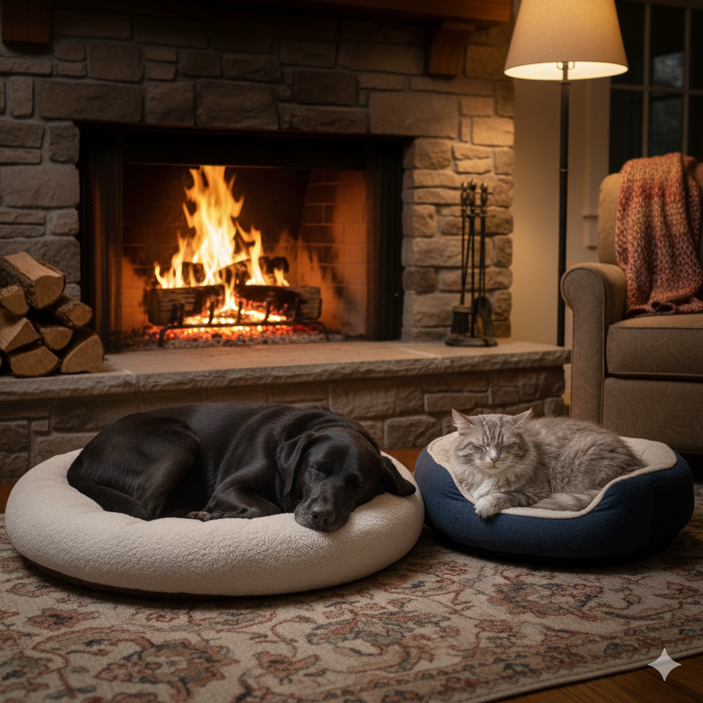 Black Lab and Gray Tabby by fire.png
