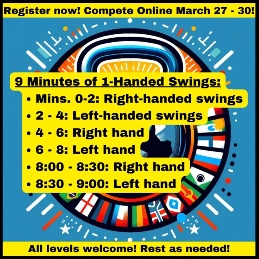 Register using the link in my bio:

ABOUT EVENT
Mar 27, 2024 - Mar 30, 2024

Total Repetitions of single arm kettlebell swings in 9 minutes.&nbsp;

Mins. 0 - 2: Right hand swings

2 - 4: Left hand swings

4 - 6: Right hand

6 - 8: Left hand

8:00 - 8