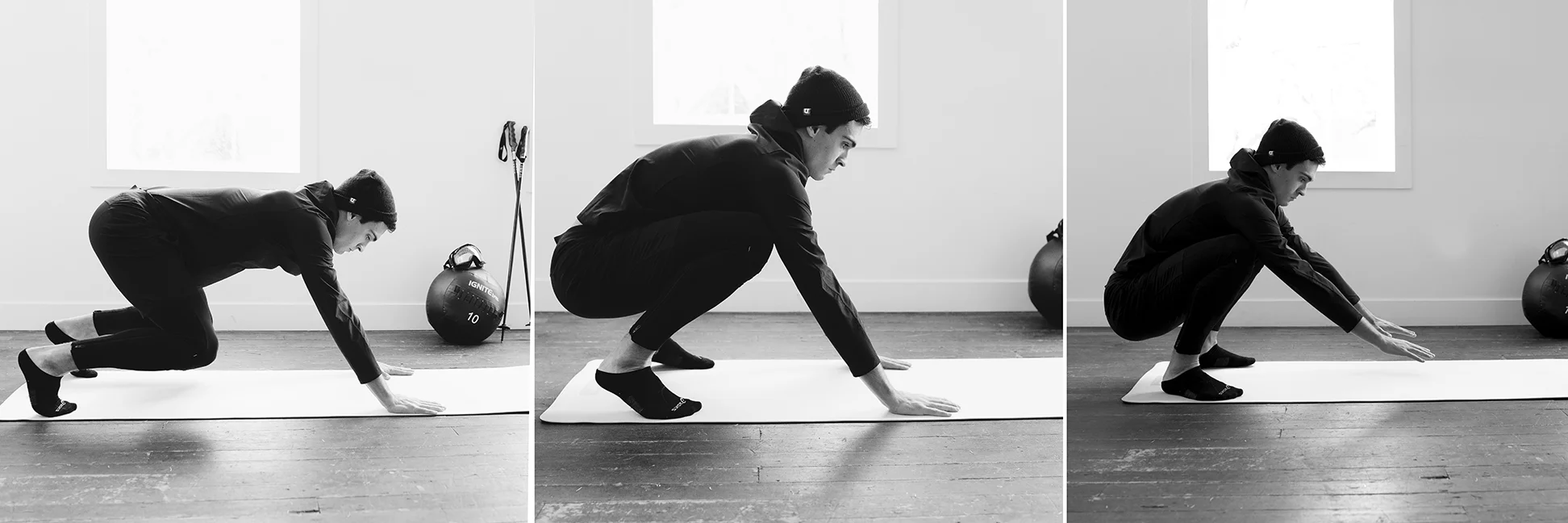 IN ALL FOURS, PLACE TOES ON MAT AND PUSH BODY BACK USING ARMS UNTIL YOUR HEELS ARE FLAT ON THE GROUND. 10 REPS