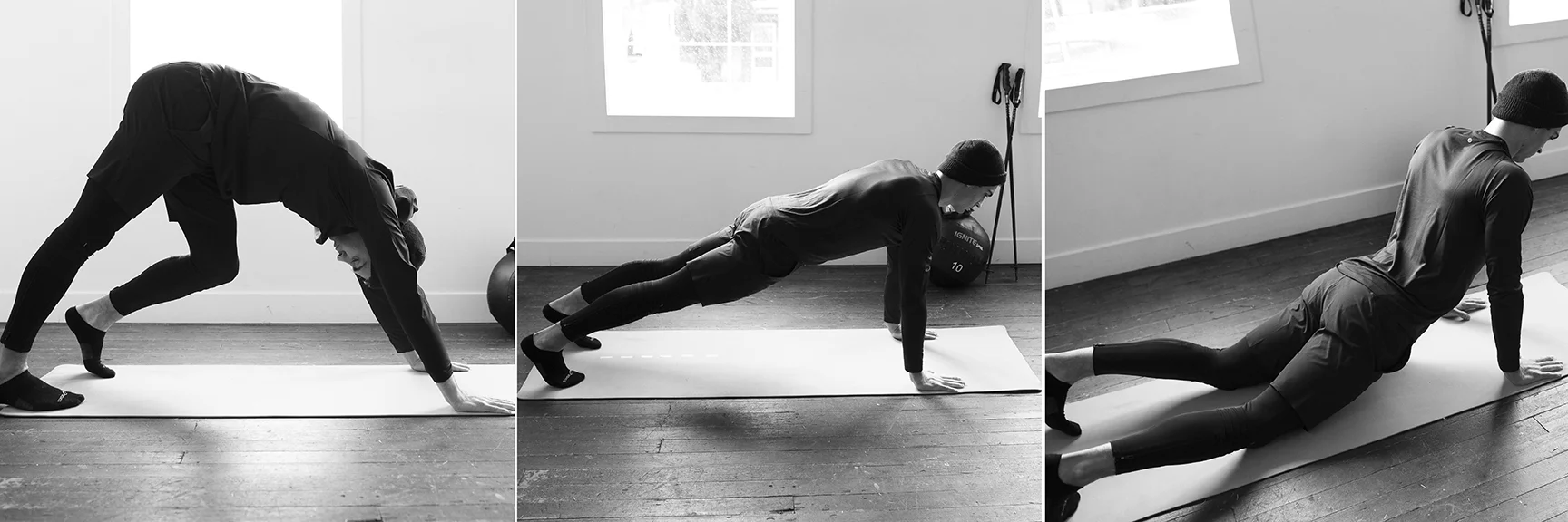 START IN DOWNWARD DOG. SLOWLY MOVE INTO A PLANK, BRACING THE ABDOMINALS. HOLD THE POSITION FOR ABOUT 5 SEC. SLOWLY DROP HIPS INTO THE GROUND. RETURN TO YOUR PLANK BEFORE MOVING TO DOWNWARD FACING DOG. 10 REPS