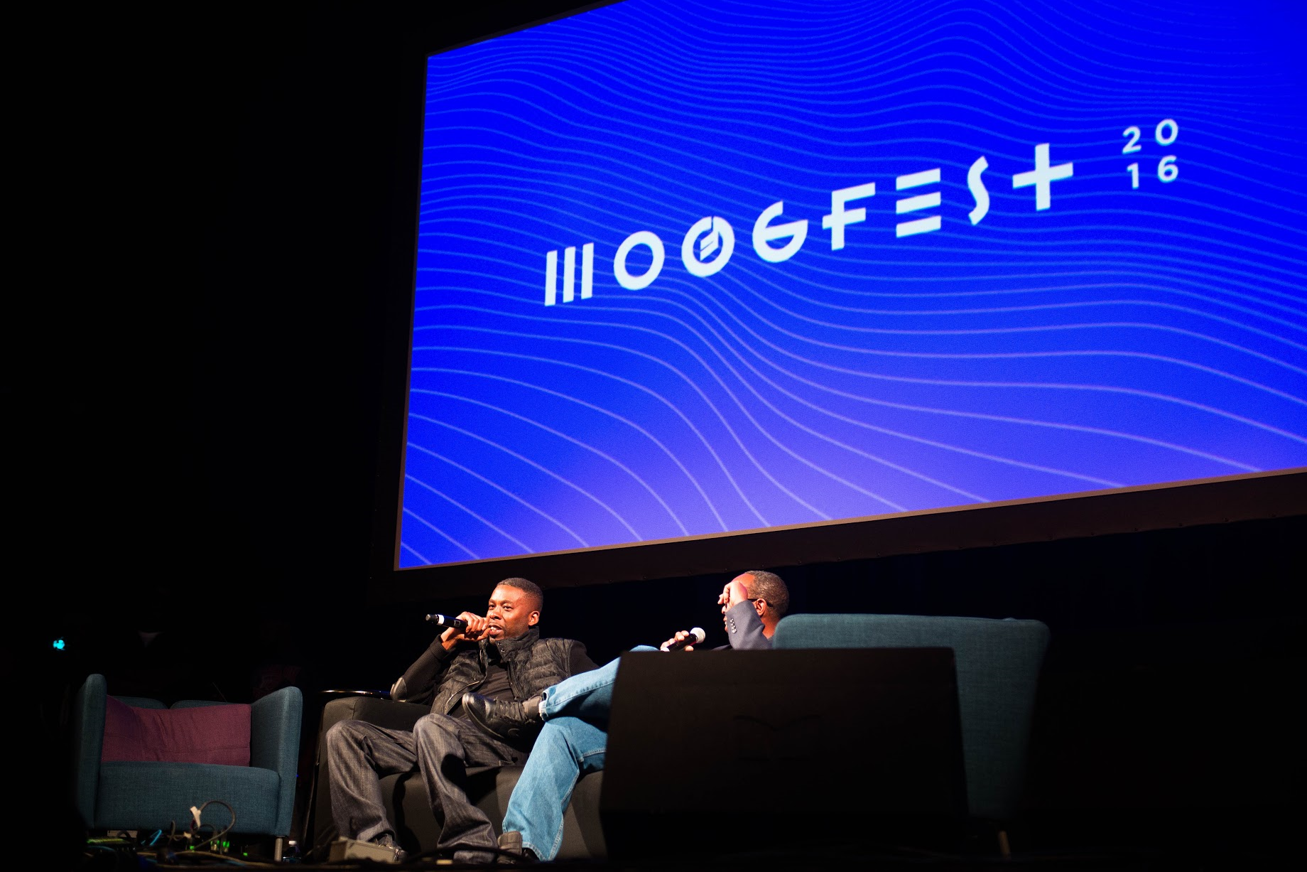 Pictured: GZA (left) Mark Anthony Neil (right) at Time Traveling with Hip Hop - Discussing science's role in Hip Hop and modern education. Photo Courtesy of Moogfest/Magnum PR 