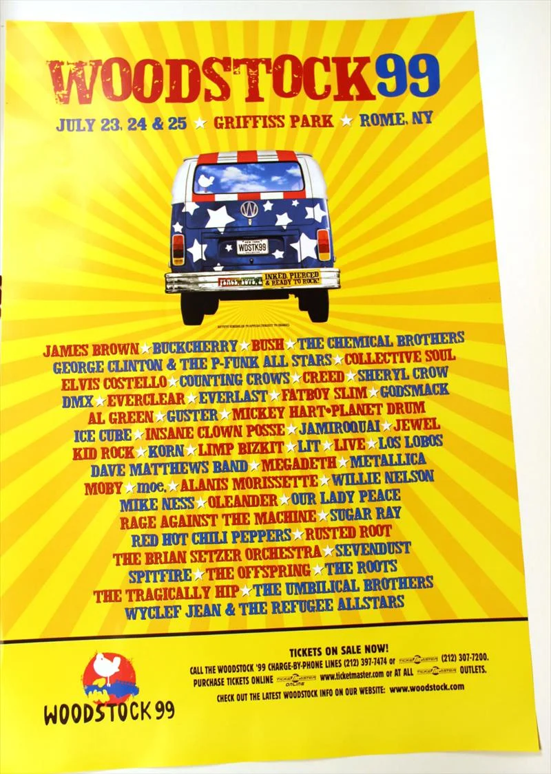 Woodstock '99's lineup poster, some of the performers such as Foo Fighters never showed up (they wanted to finish mastering their new album at the time, not because they could see the upcoming doom that was Woodstock '99
