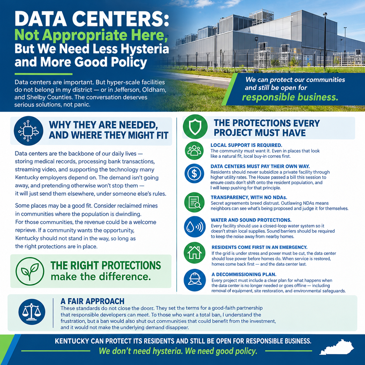 Graphic: Data Centers: Not Appropriate Here, But We Need Less Hysteria and More Good Policy. Summary of Rep. Jason Nemes's position and the protections every data center project must have.