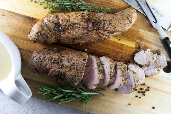 Seared and Roasted Pork Tenderloin with a Peppercorn and Mustard Cream Sauce