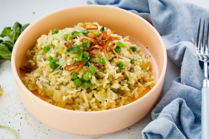 Spring Pea Risotto with Mint, Tarragon, and Crispy Shallots