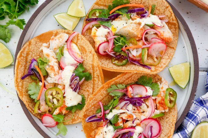 Grilled Fish Tacos with Lime Crema and Spicy Quick-Pickled Vegetables