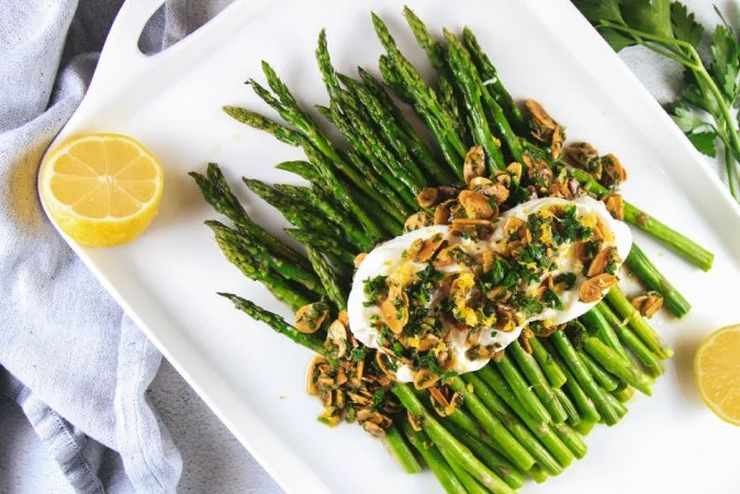 Roasted Asparagus with Burrata, Lemon, and Almonds