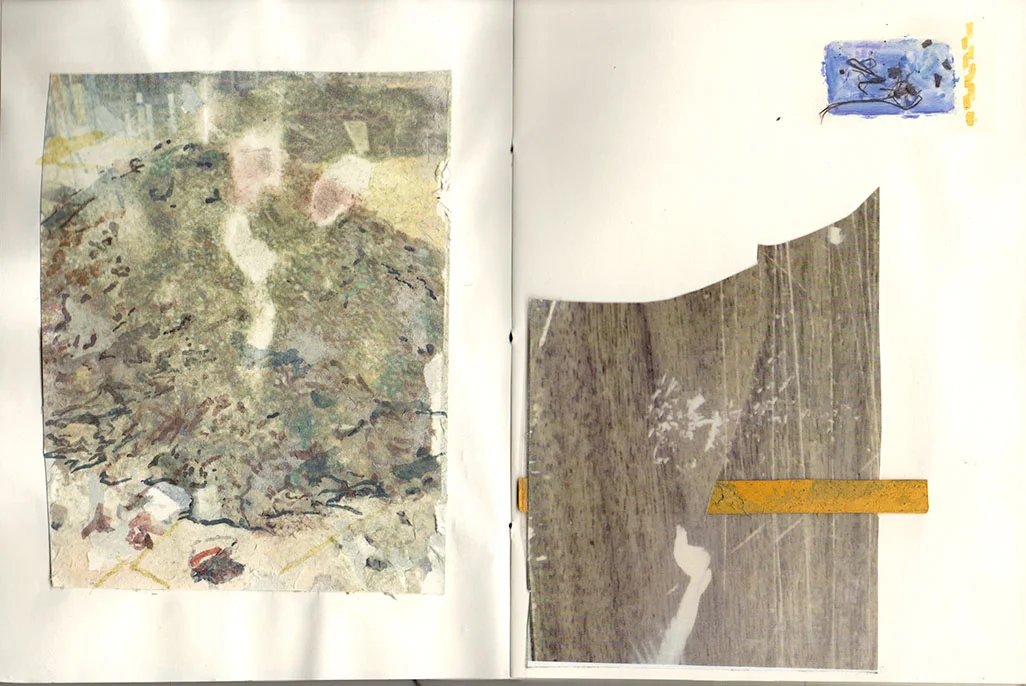 from Schemata for a Dig, watercolor on xerox transfer and collage page with photocopy, bark rubbing, marker, and paper scraps, 2016