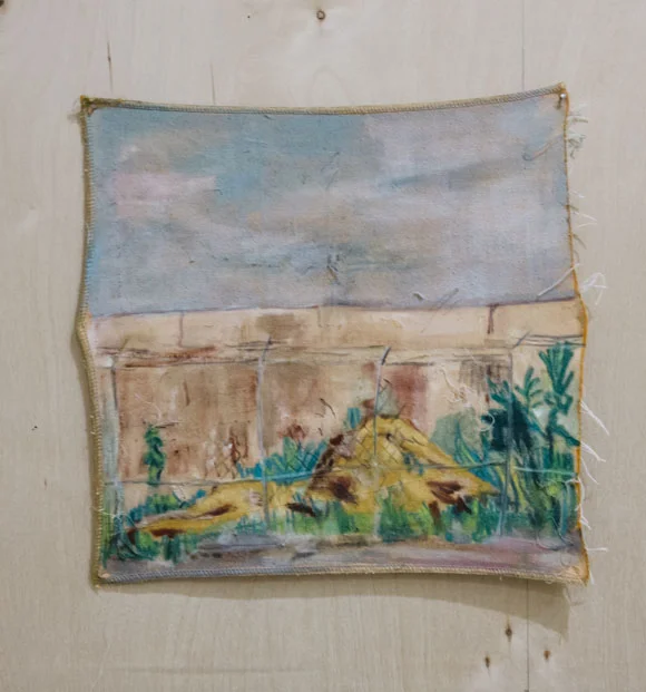 Potential Dig Site: Carroll Gardens This is a mound seen in Carroll Gardens in Brooklyn, New York in the summer of 2018. chalk and watercolor on fabric, 15”x15”, 2018