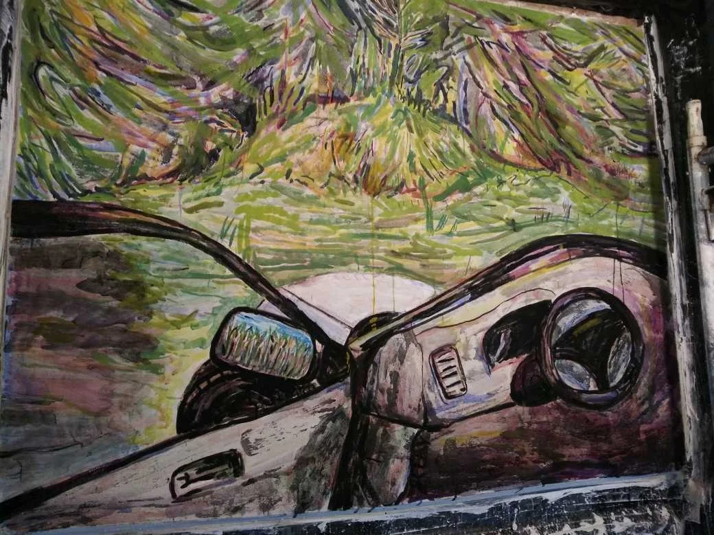 Pratt Farm Spiral Mound This is a fresco (5'x6’) made at Skowhegan School of Painting and Sculpture in the summer of 2018 in the Fresco lecture barn. It was the result of looking for and finding the remains of the Pratt Farm, a site of former earthworks. Traveling through central Maine on highway 201 you turn onto River Road and go about a mile and right off the road on the right hand side if traveling south you will see a partial little hill. Upon closer inspection it is actually a mounded spiral. You can walk the spiral to the top, stepping on weeds and brambles to make your way. It is the last remaining earthwork on the site which formerly held dozens. They were made by a local in the 1970s and after he was unable to care for them, they started to return to the earth. Another local came out to take care of the farm and begun to restore the earthworks. Then, in the late 2010’s the farm was purchased by local corn farmers, razed and the area was planted with corn. Driving down the road you would assume the corn had been there forever. This spiral mound is tucked into the remaining tree line, in the shade of a massive pine and is completely inconspicuous.