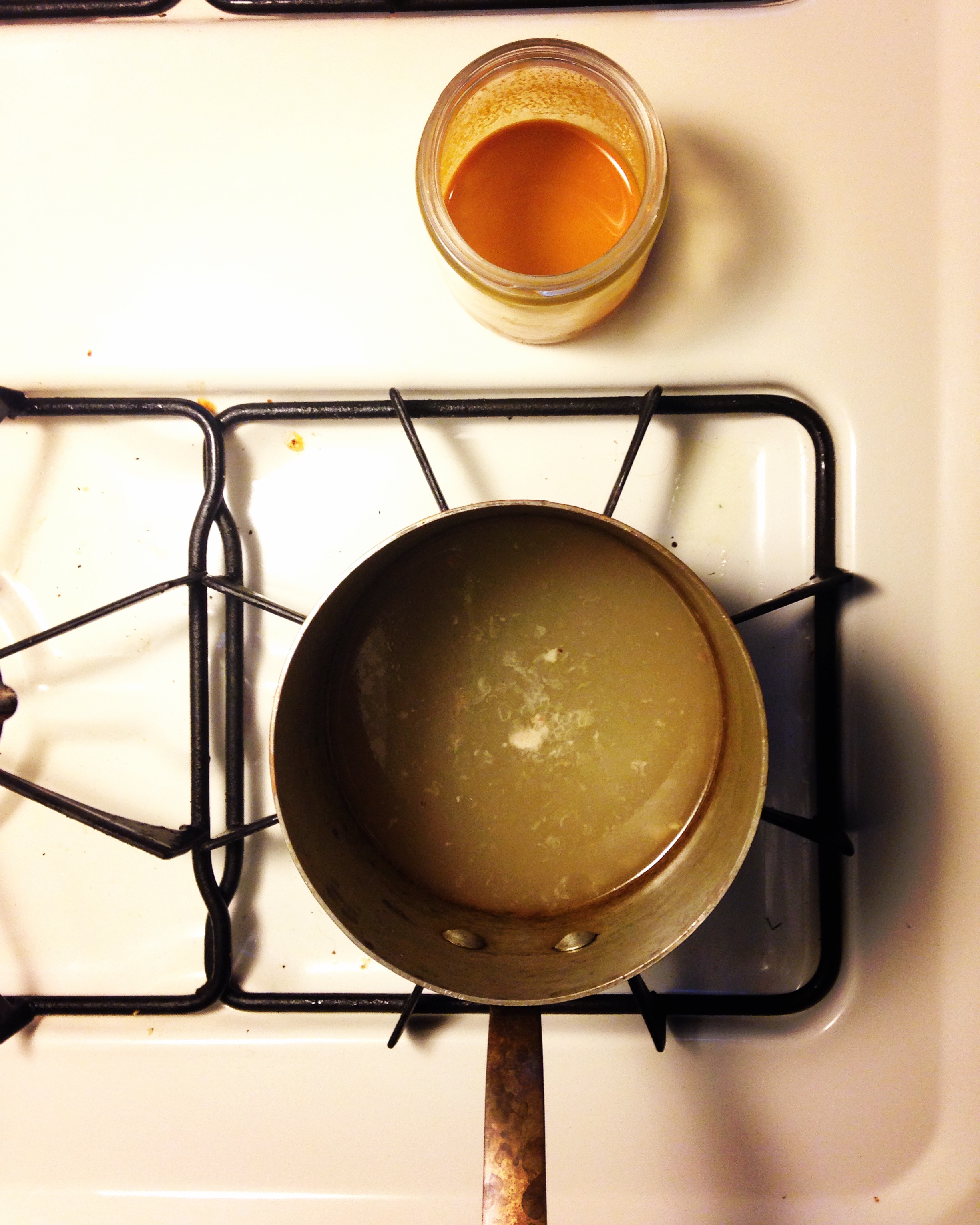 My miracle anti inflammation drink. Homemade bone broth and juiced turmeric.