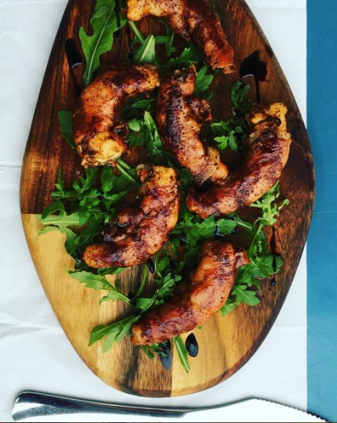 Bacon Wrapped Prawns over Arugula, in London!