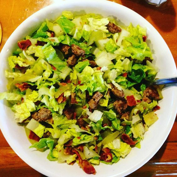 Burger Salad! Bacon, Avocado, lettuce and a burger patty.
