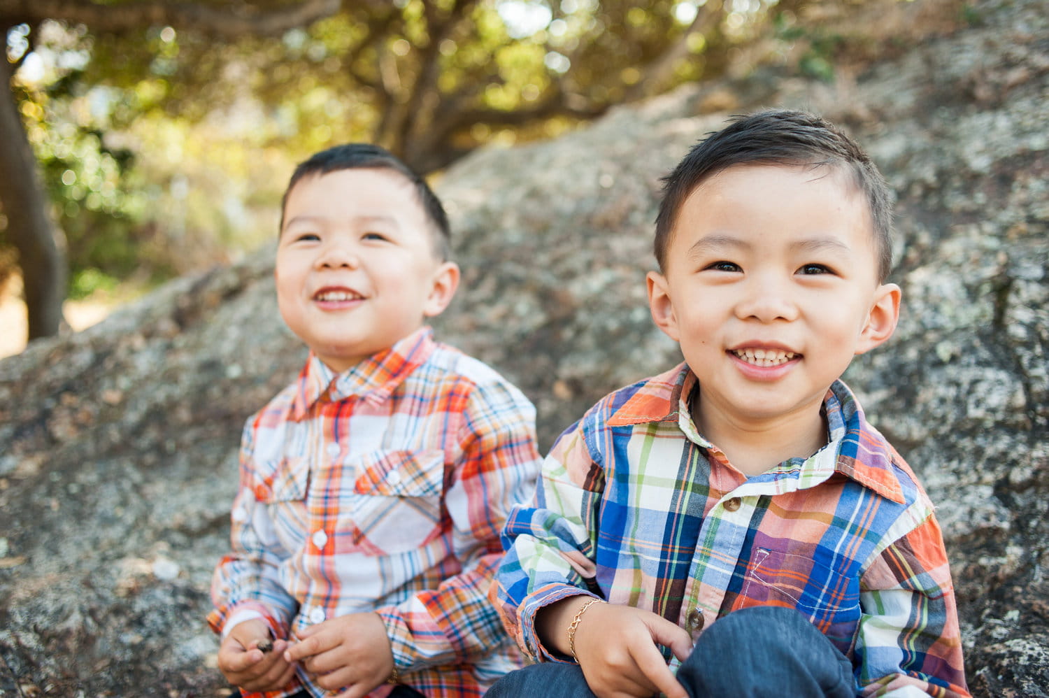 Twin brothers siting on rock 