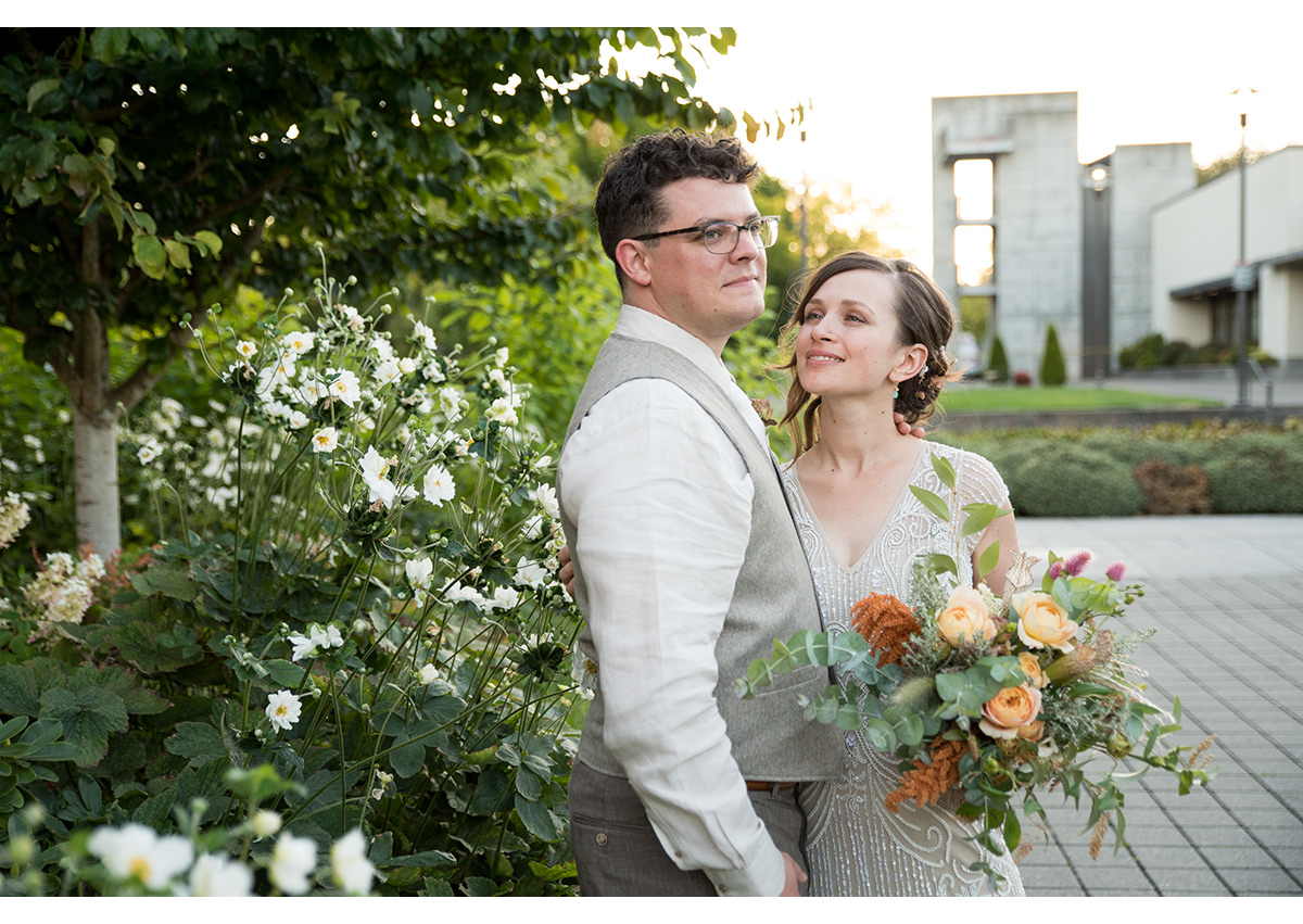 Sunset portrait of Bride and Groom in Portland