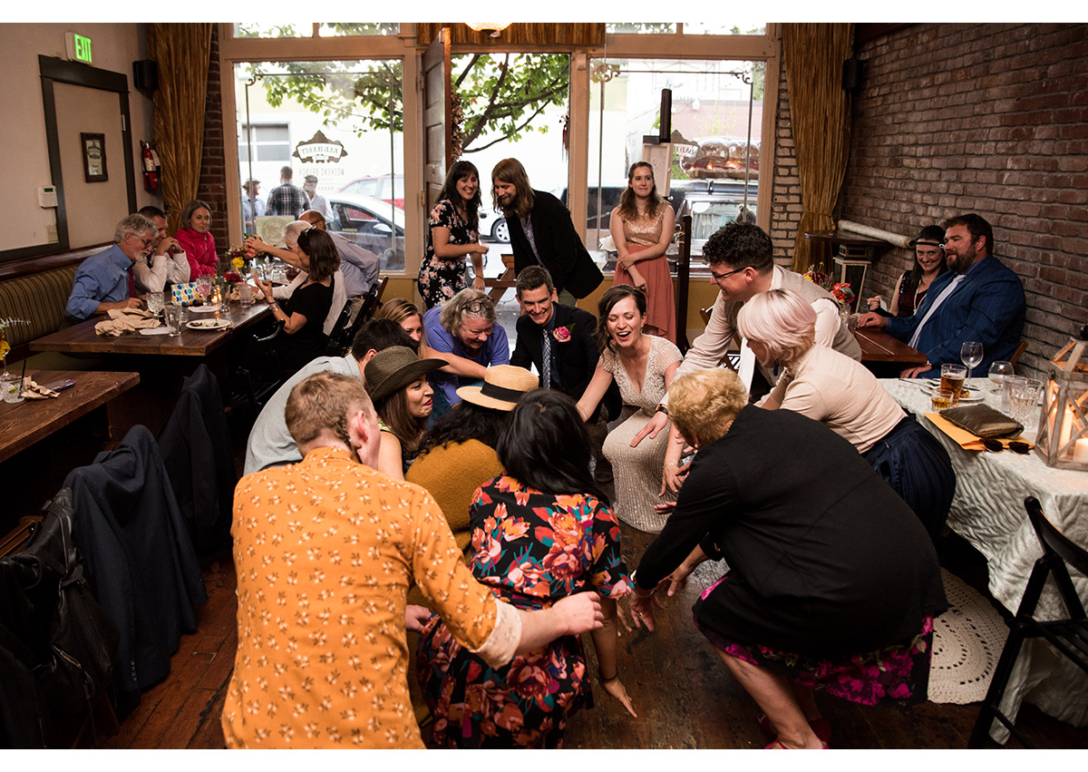 Dancing wedding guests at intimate wedding