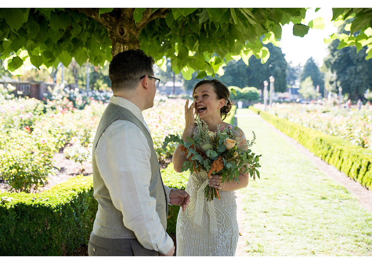 Bride and Groom seeing each other for first time at Peninsula Park 