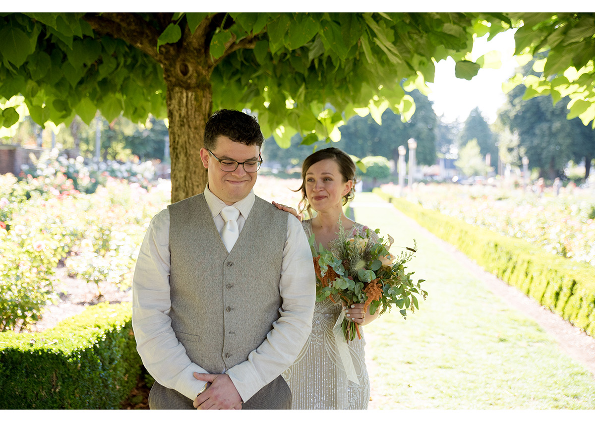 Bride and Groom first look at Peninsula Park Rose Garden