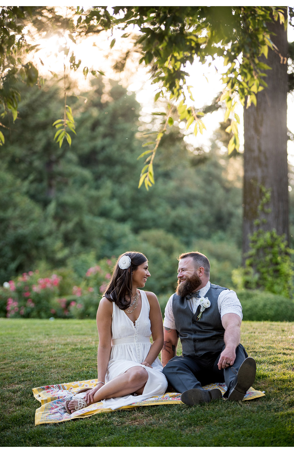 Portrait of bride and groom at Pittock Mansion following elopement