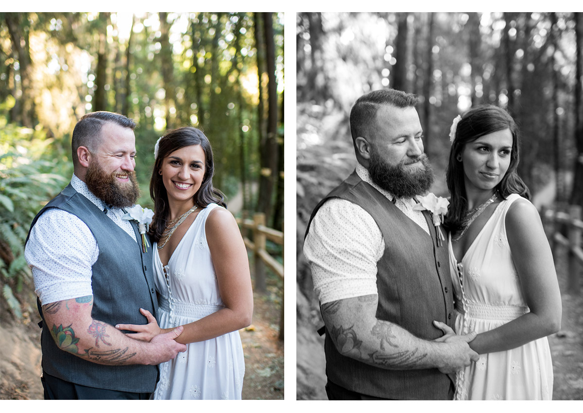 Side by side portraits of bride and groom on wildwood trail
