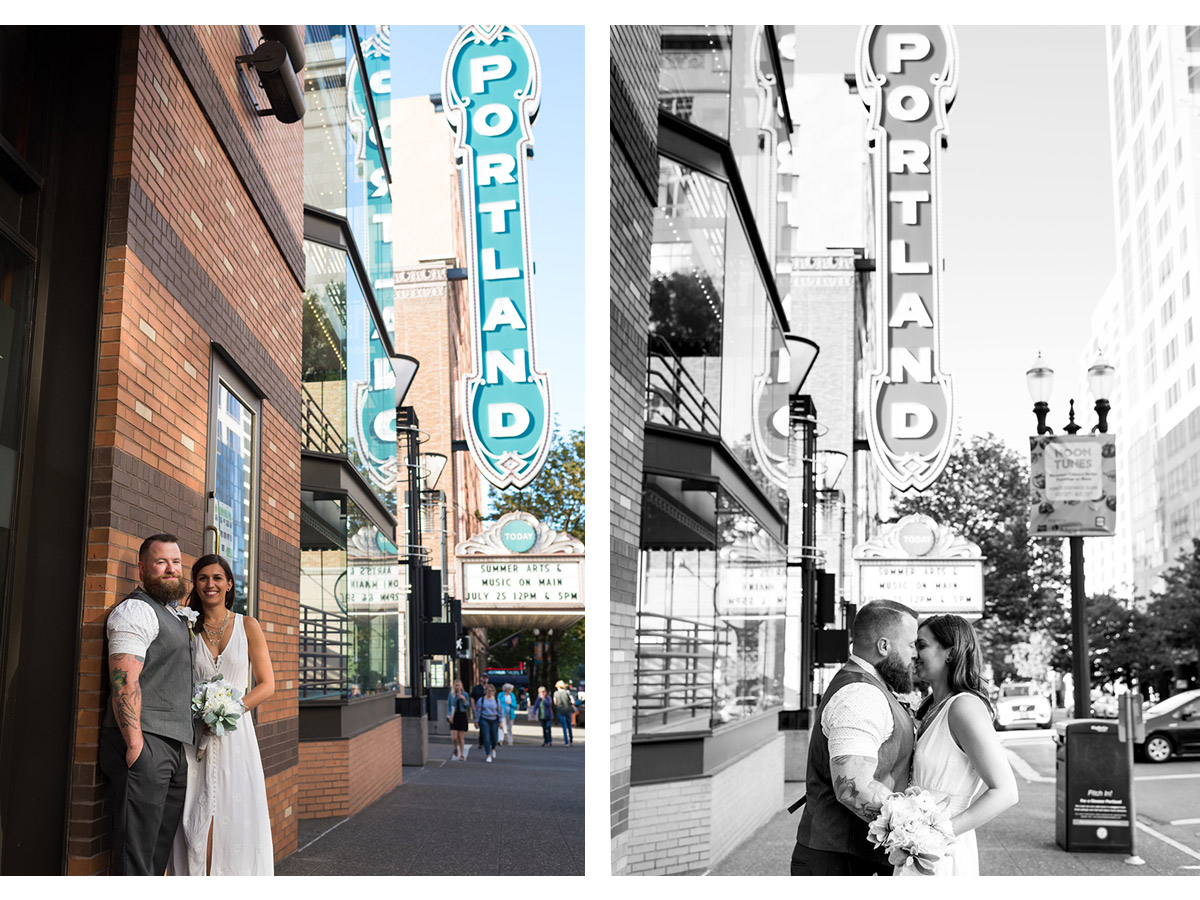 Side by side photos of Bride and Groom in front of Portland marquee