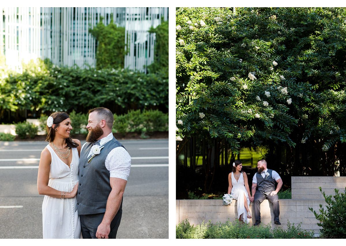 Side by side photos of bride and groom in downtown Portland