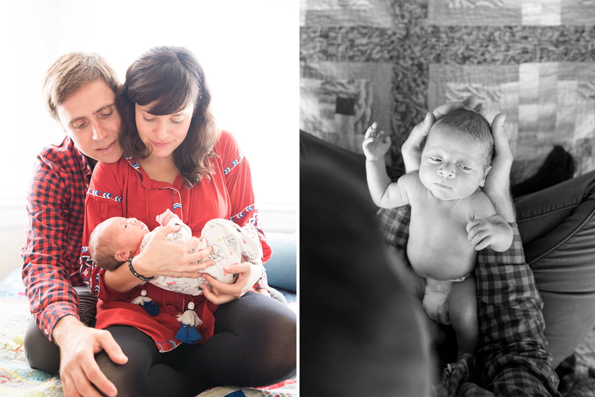 New parents holding newborn son during newborn photography session