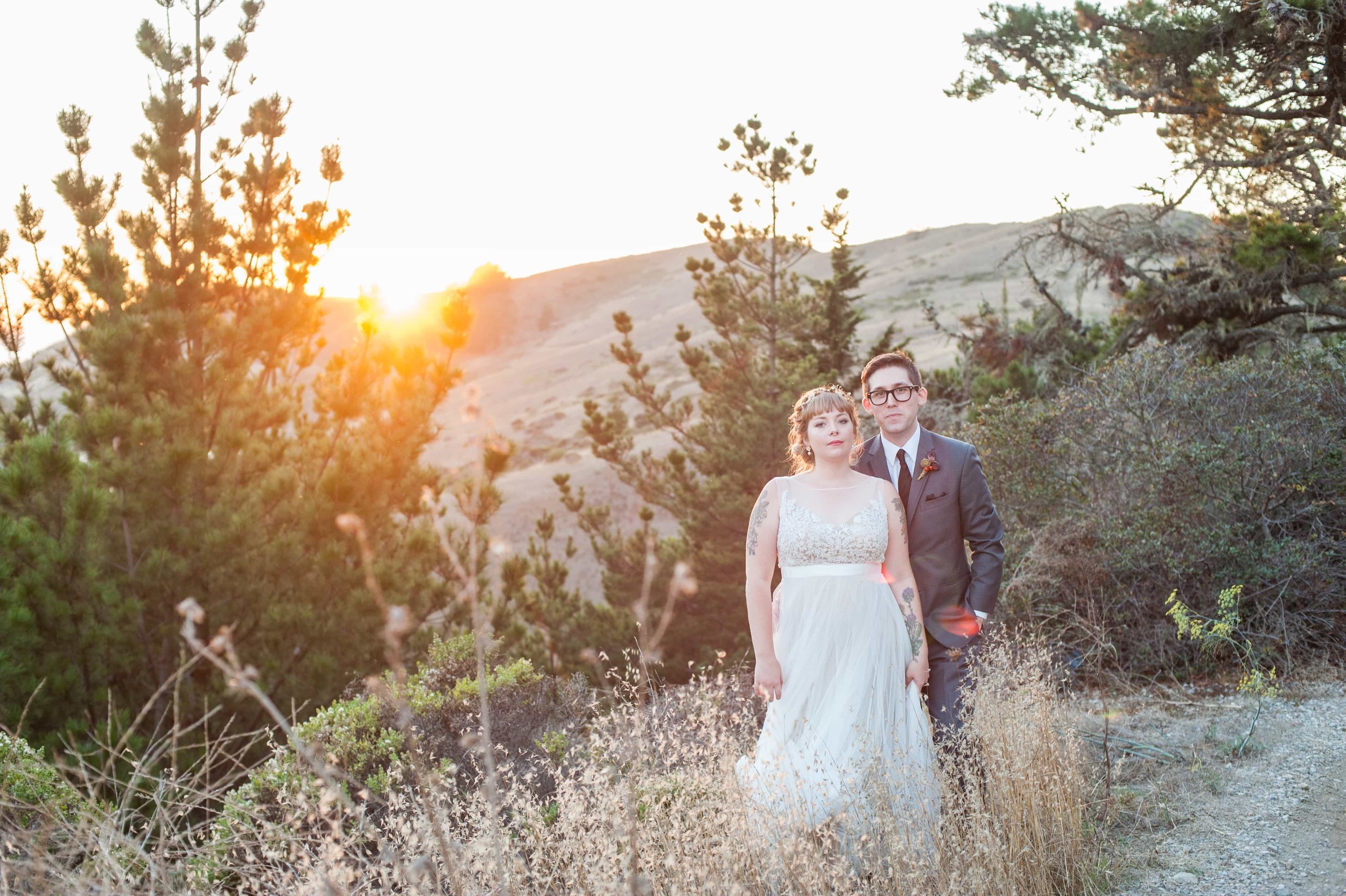 Sunset portrait of bride and groom