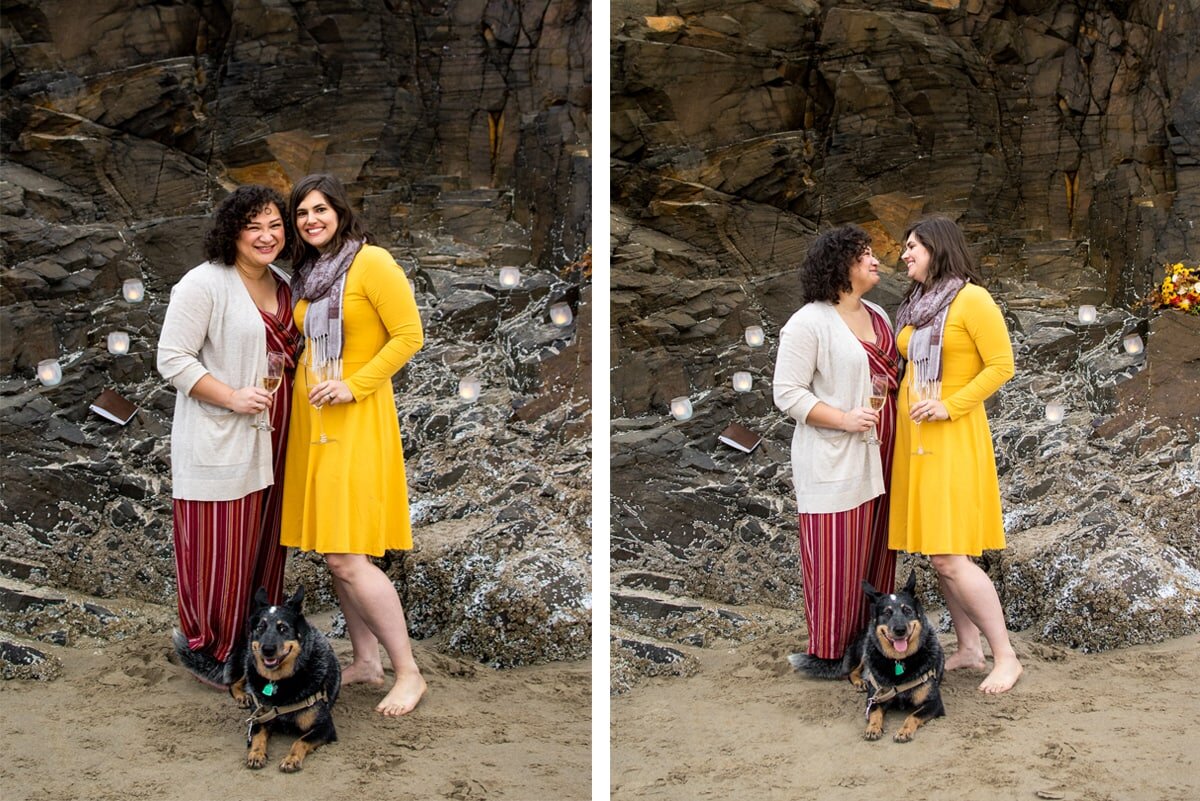 Portraits of engaged couple and their dog at Hug Point