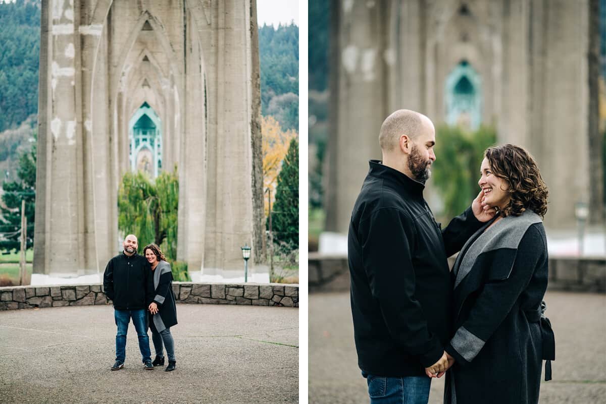 Engagement photos under St. John's Bridge at Cathedral Park