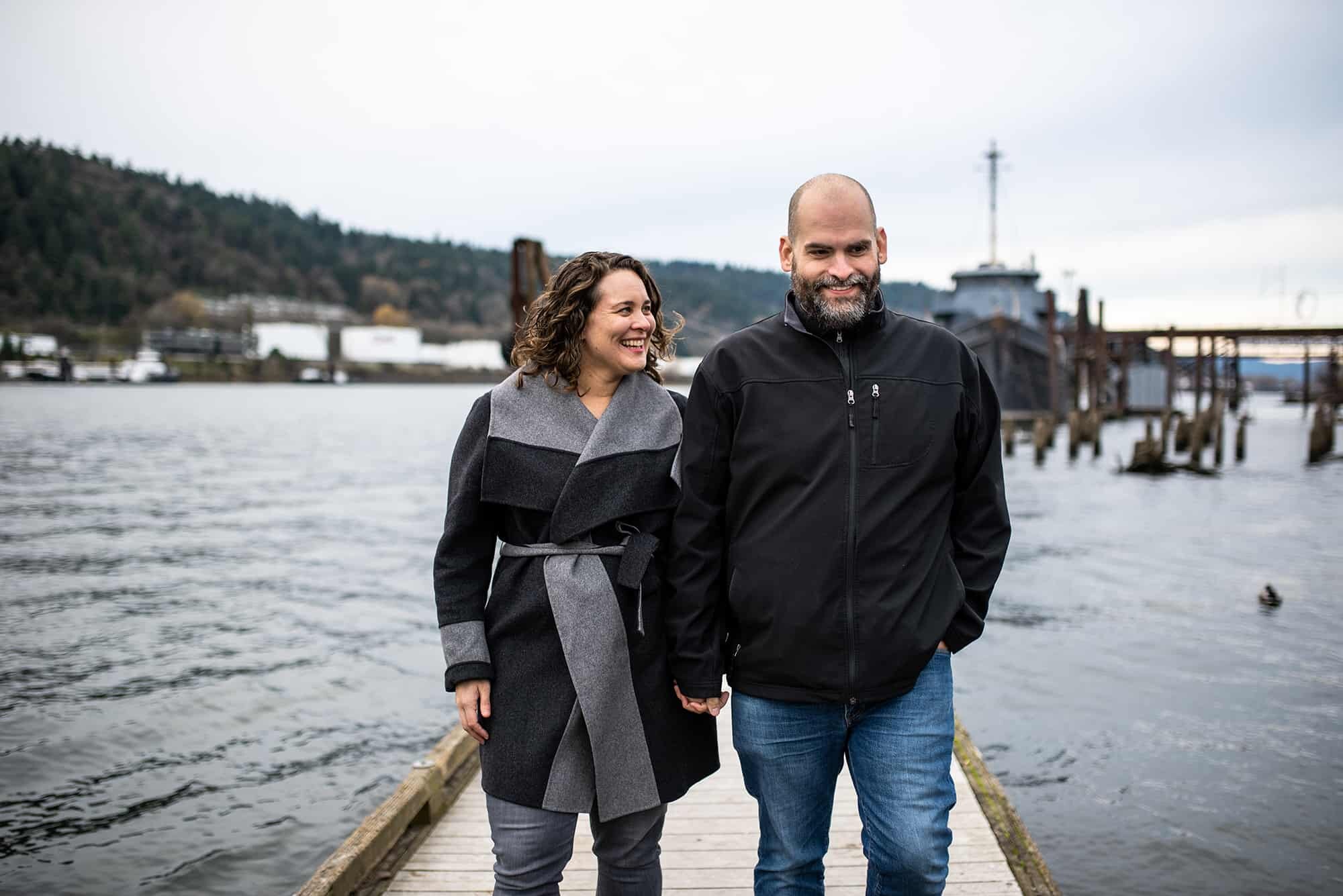 Couple waking on boat ramp at Cathedral Park