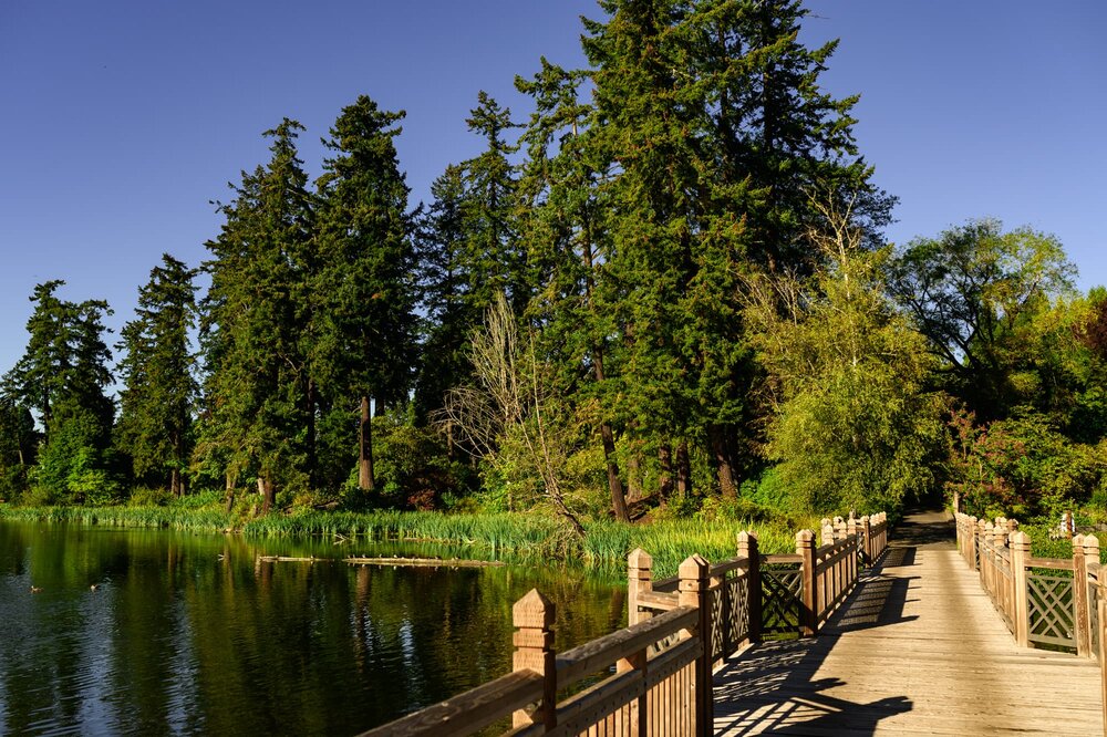 Wooden walkway over Crystal Lake in Portland