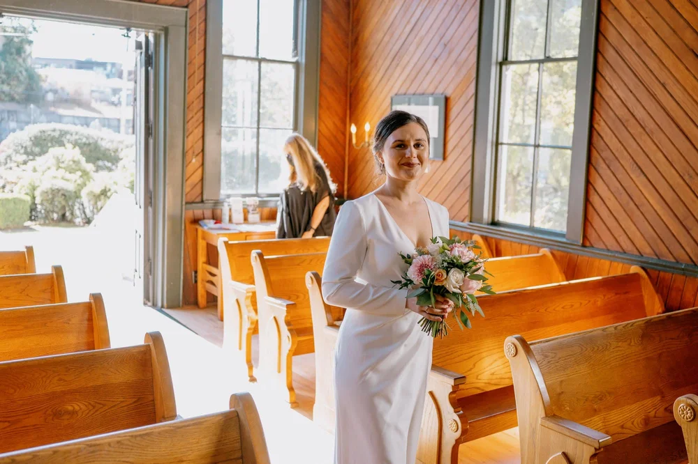 Bride walking down aisle of Oaks Pioneer Church